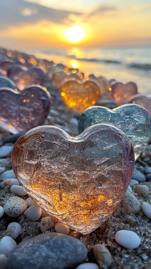 Colorful Heart-Shaped Pebbles on Beach in High Definition