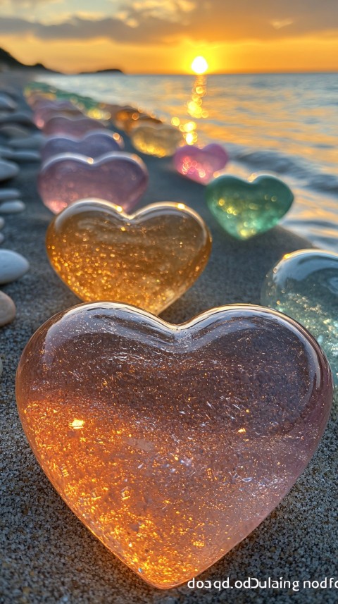 Colorful Hearts Pebbles on Beach in High Resolution