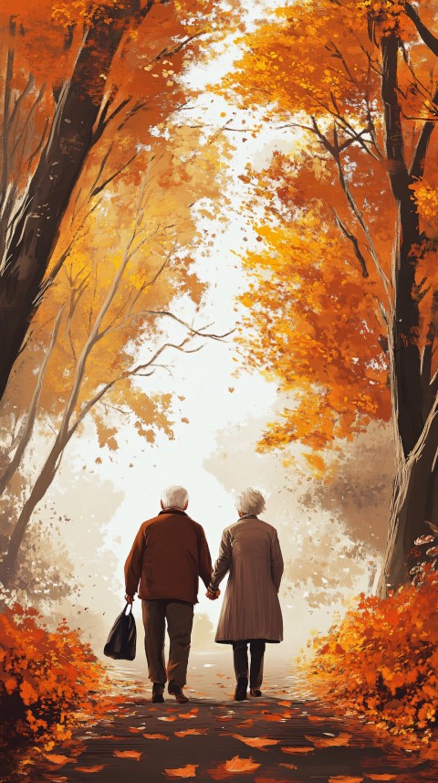 Elderly Couple Walking in Autumn Park