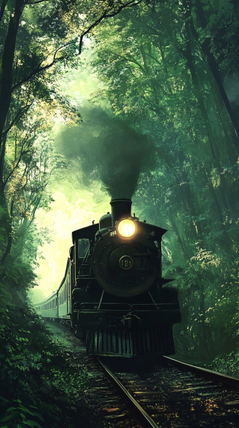 Old Trains Traveling Through Dense Emerald Forest Landscape