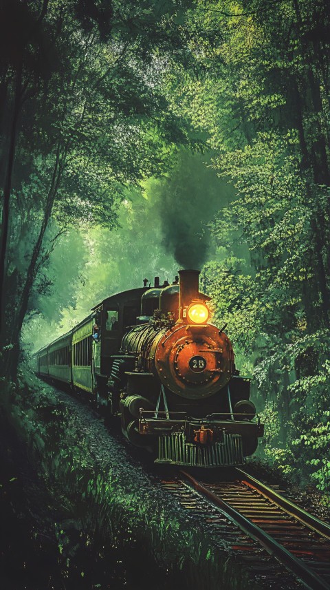 Old Trains Moving Through Lush Emerald Green Forests