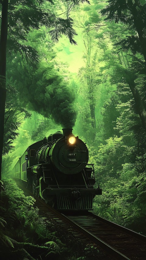 Old Trains Traveling Through Tall Emerald Green Forests