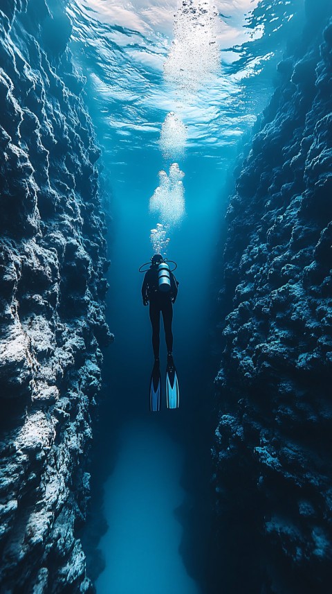 Scuba Diver Swimming Near Mariana Trench Edge