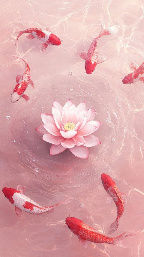 Pink lotus flower with red carp minimalist art