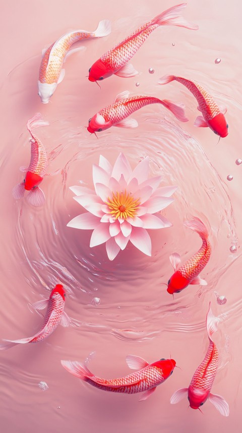 Pink lotus flower with red carp in water scene