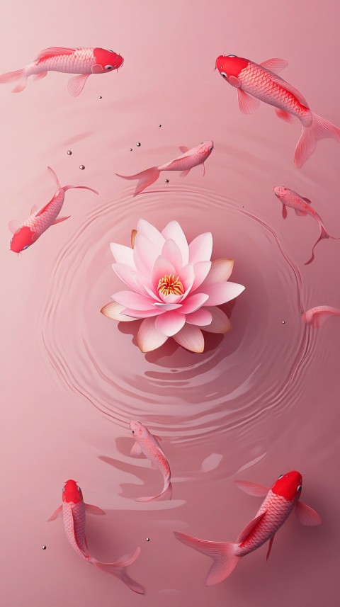 Pink lotus with red carp minimalist overhead composition