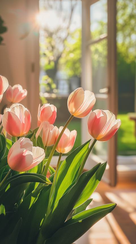 Sunlit Tulips in a Bright Open Room