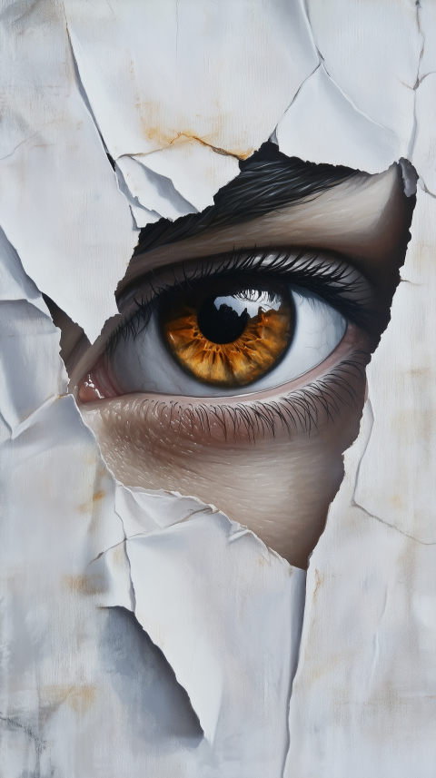 Realistic Eye Peering Through Torn Paper