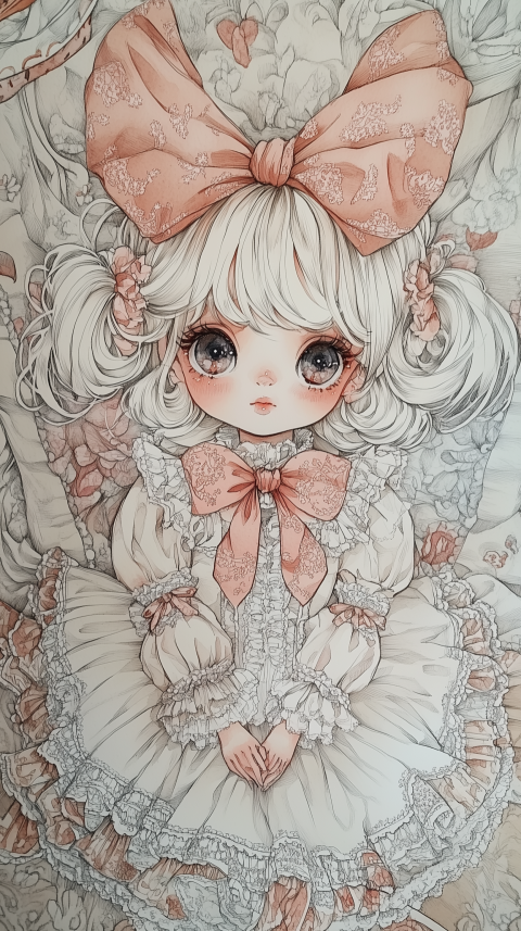 Cute Lolita Doll with Large Eyes and Pink Bows in Vintage Dress