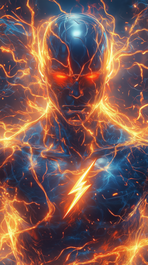 Electrifying Superhero with Fiery Energy Aura and Lightning Symbol