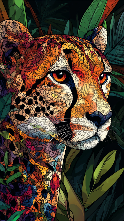 Vibrant Mosaic-Style Cheetah Portrait in a Jungle Setting