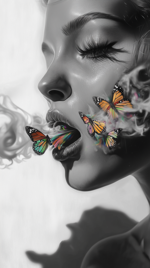 Surreal Portrait of a Woman Exhaling Butterflies in Monochrome with Vivid Colors