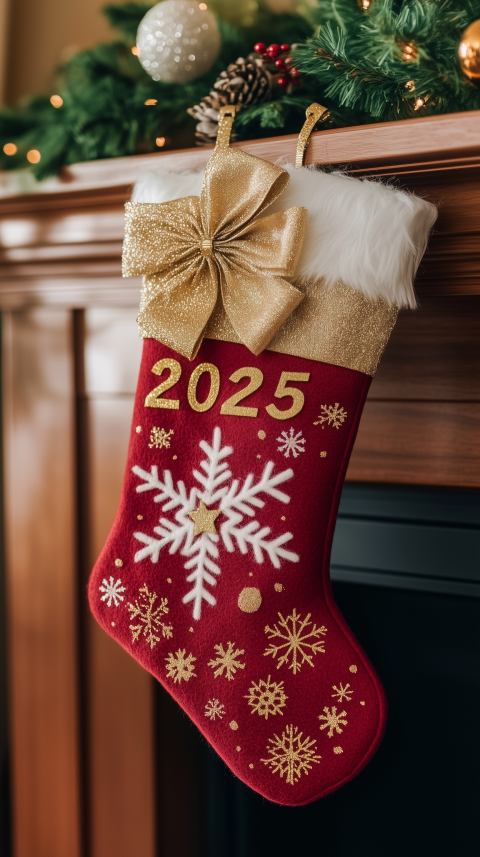 Festive 2025 Christmas Stocking Hanging by the Fireplace