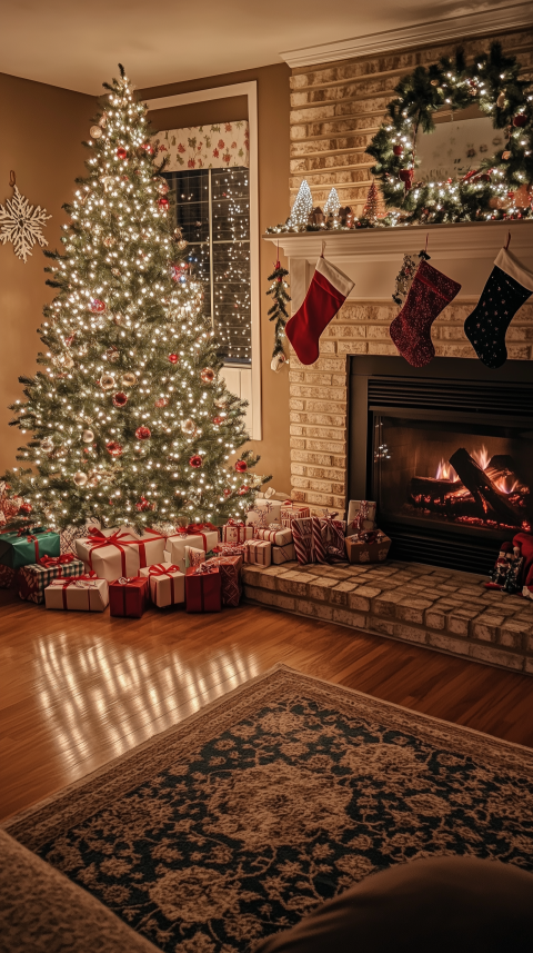 Cozy Christmas Living Room with Decorated Tree and Fireplace