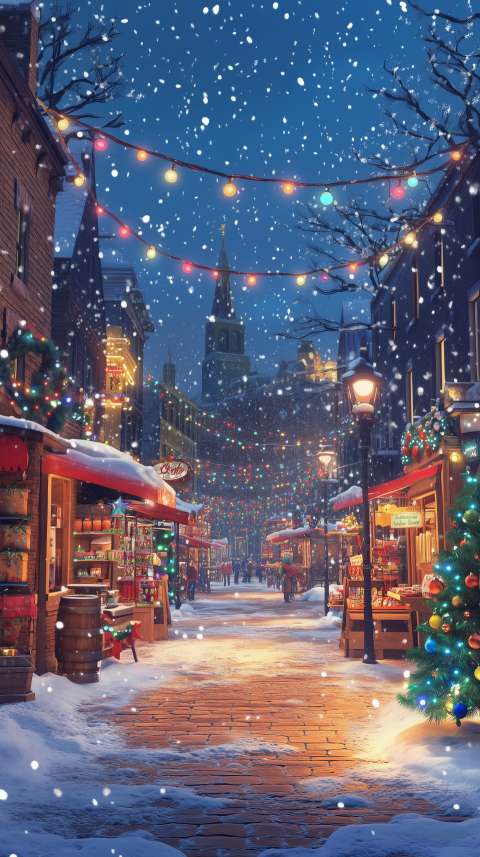 Festive Christmas Market with Falling Snow and Colorful Lights