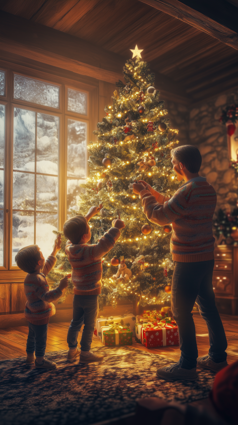 Father and Children Decorating Christmas Tree in a Cozy Living Room