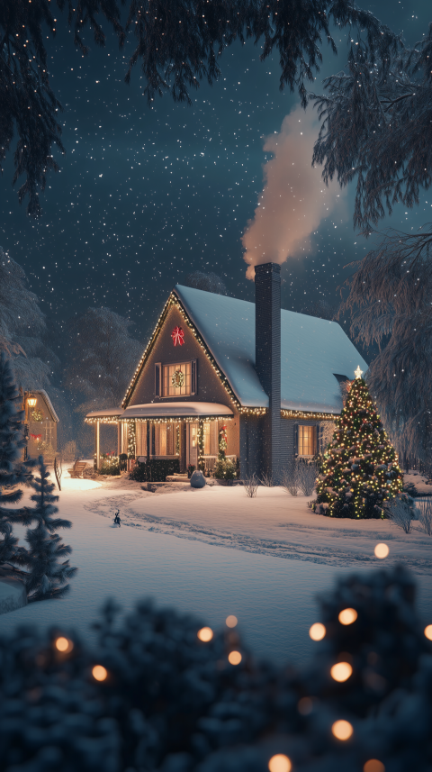 Snowy Christmas Cottage at Night with Festive Lights