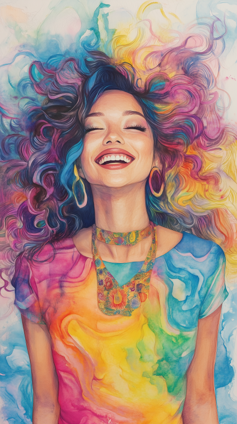 Joyful Woman with Vibrant Colorful Hair in Watercolor Style