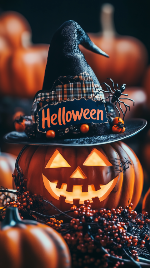 Halloween Pumpkin with Witch Hat and Festive Decorations