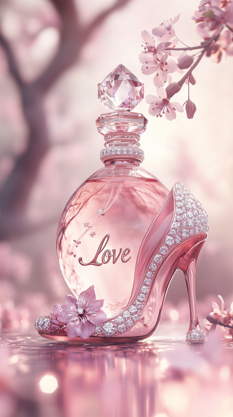 Elegant Perfume Bottle and Crystal High Heel with Cherry Blossoms