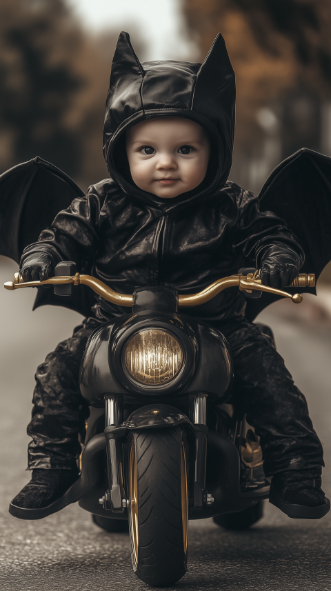 Adorable Baby in Bat Costume Riding a Toy Motorcycle