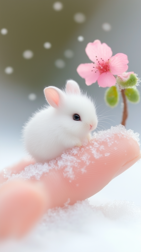 Tiny White Bunny in Snow with Cherry Blossom