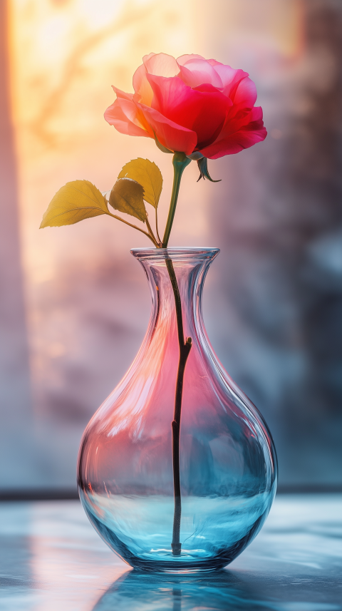 Vibrant Rose in a Colorful Glass Vase at Sunset