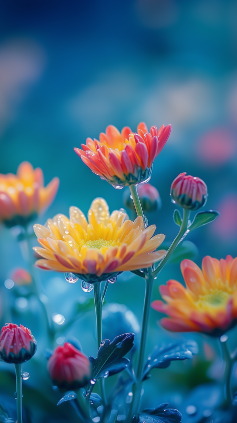 Dew-Kissed Orange and Yellow Chrysanthemums in Bloom