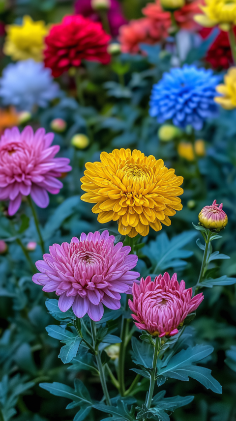 Vibrant Multicolored Chrysanthemum Garden in Full Bloom