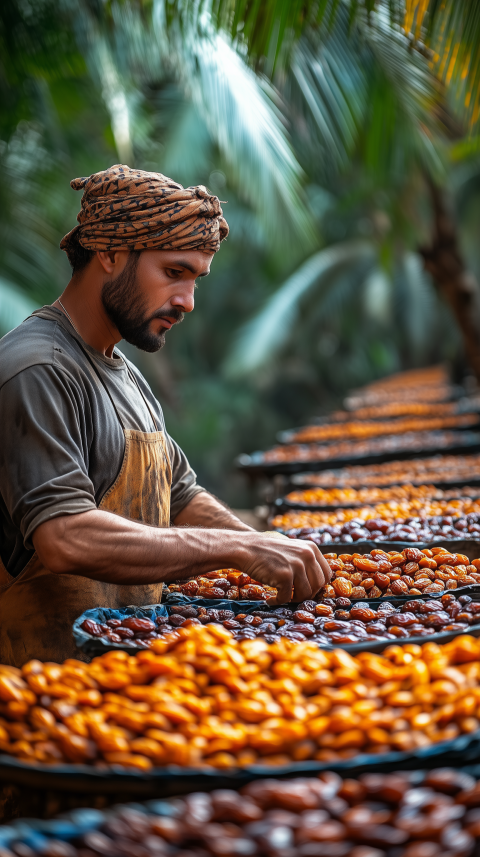 Date Farmer Sorting Dates in a Sunlit Palm Grove