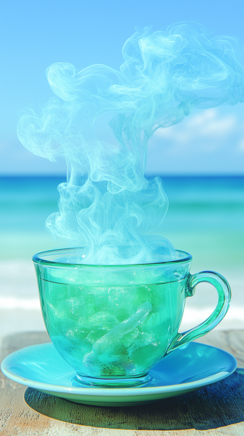 Ethereal Smoke Rising from a Glass Teacup by the Ocean