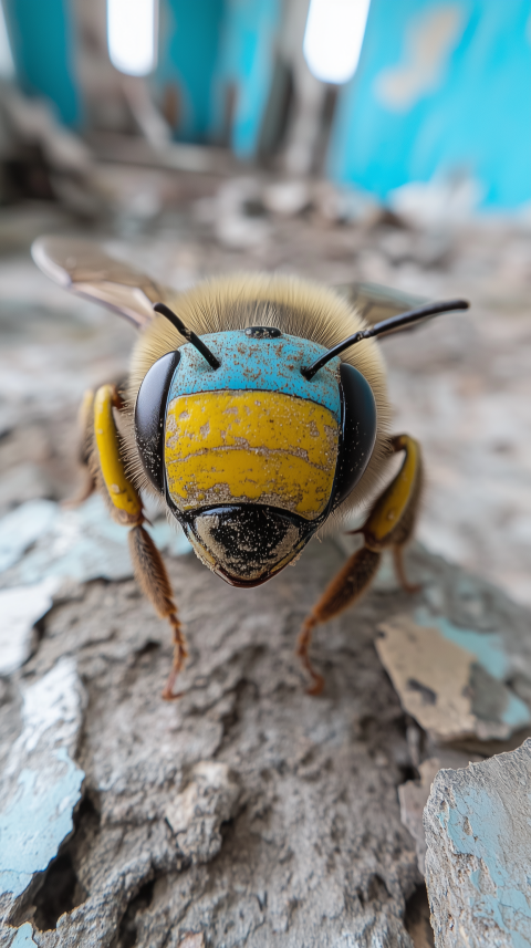 Close-Up of a Colorful Bee with Yellow and Blue Patterns