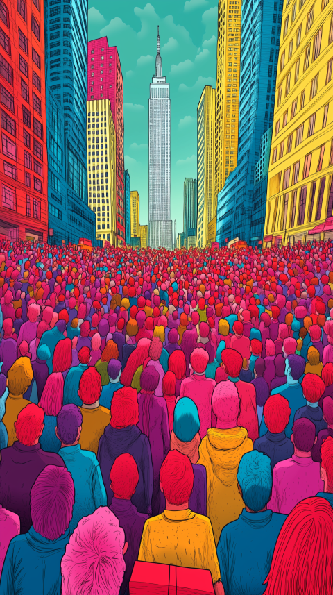 Colorful Crowd in a Vibrant Cityscape with Skyscrapers