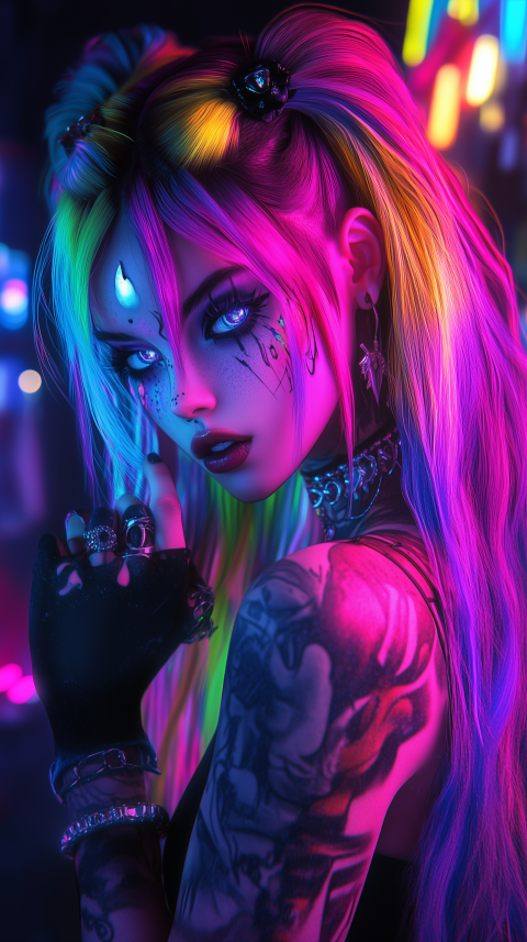 Neon Cyberpunk Portrait of a Tattooed Woman