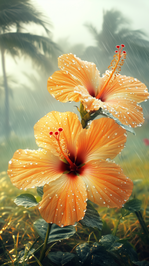 Golden Hibiscus Blossoms in Tropical Rain