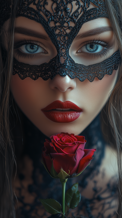 Mysterious Woman in Lace Mask Holding a Red Rose