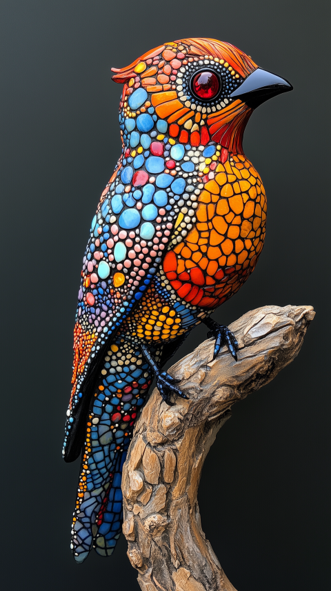 Vibrant Mosaic Bird Sculpture on Wooden Perch