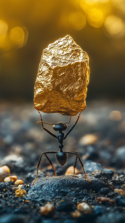 Ant Lifting a Large Golden Rock on a Pebbled Surface