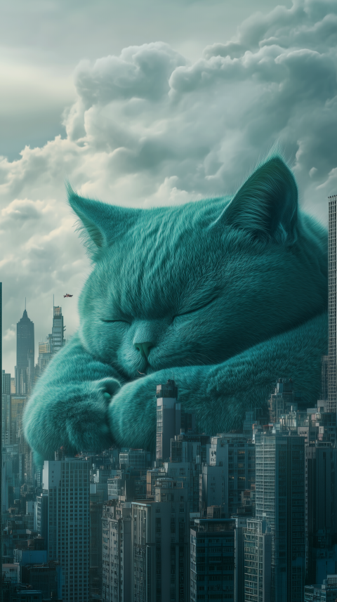 Giant Sleeping Cat Overlooking City Skyline