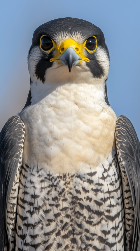 Close-Up Portrait of a Peregrine Falcon Against a Clear Sky