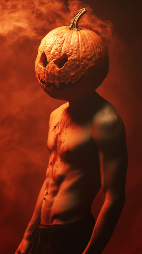 Mysterious Figure of young man with Jack-O'-Lantern Head in Smoky Red Light