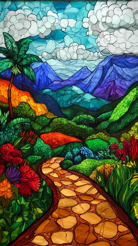 Colorful Stained Glass Landscape with Path and Mountains