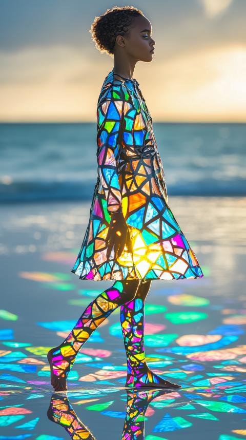 Girl in Stained Glass Inspired Dress on the Beach at Sunset