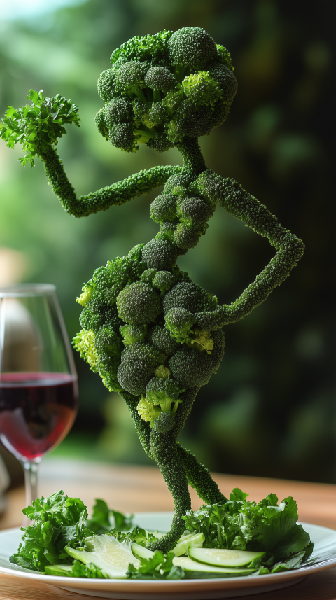 Creative Broccoli Sculpture of a Human Figure with Salad and Wine