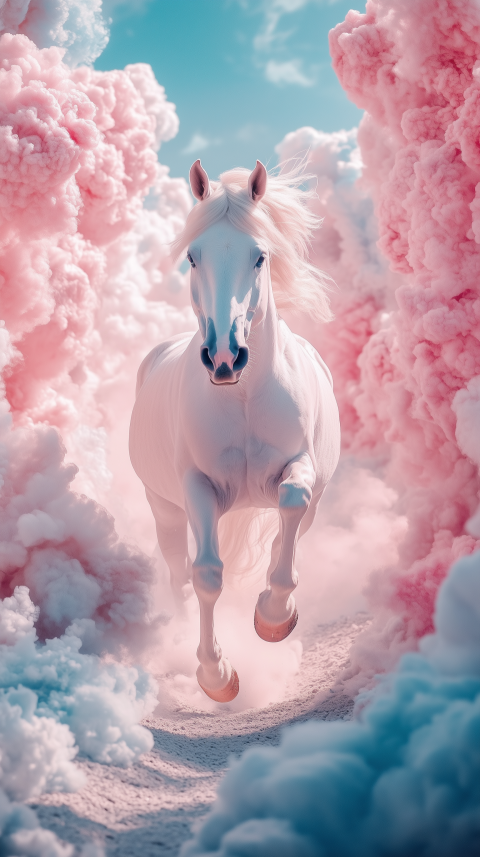 White Horse Running Through Pink Clouds