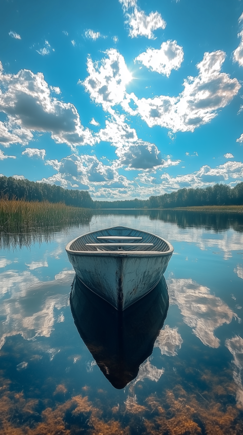 Calm Rowboat on Serene Lake with Blue Sky Reflection