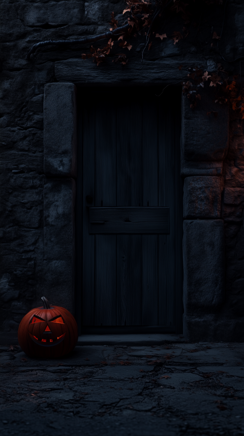 Dark Halloween Night with Jack-O'-Lantern at Mysterious Doorway