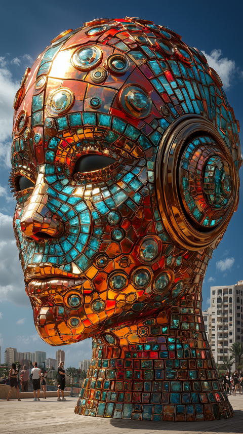 Futuristic Mosaic Head Sculpture with Urban Background