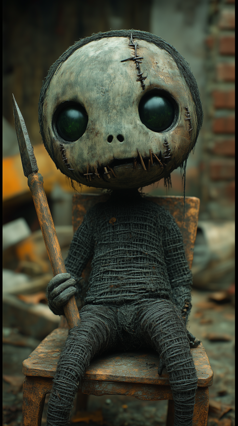 Creepy doll figure with large stitched head holding a spear