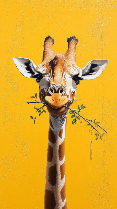 Close-up of a giraffe eating a twig against a yellow background